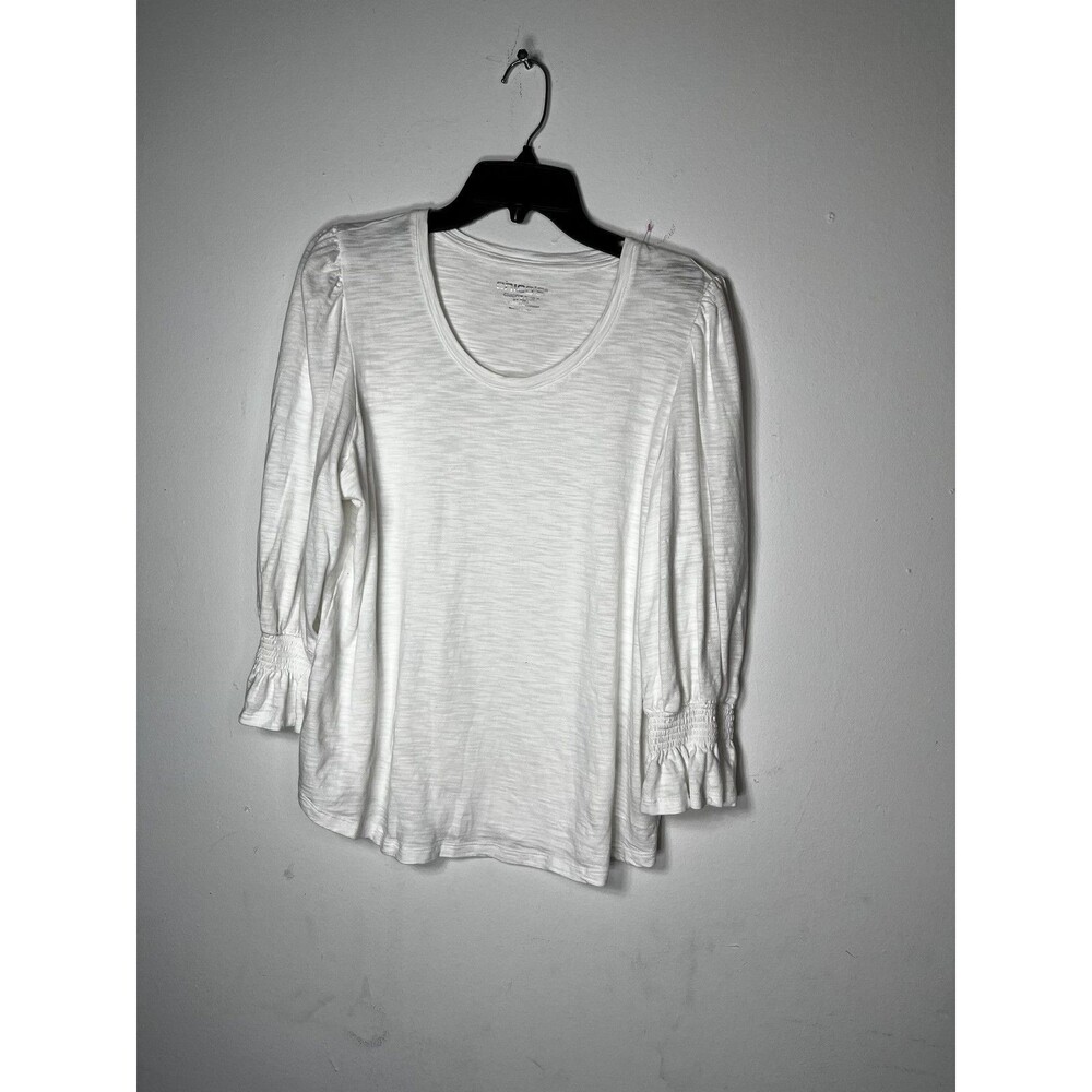 Chico's Shirt Womens 2 L White Scoop Neck 3/4 Ruffle Balloon Sleeve Top